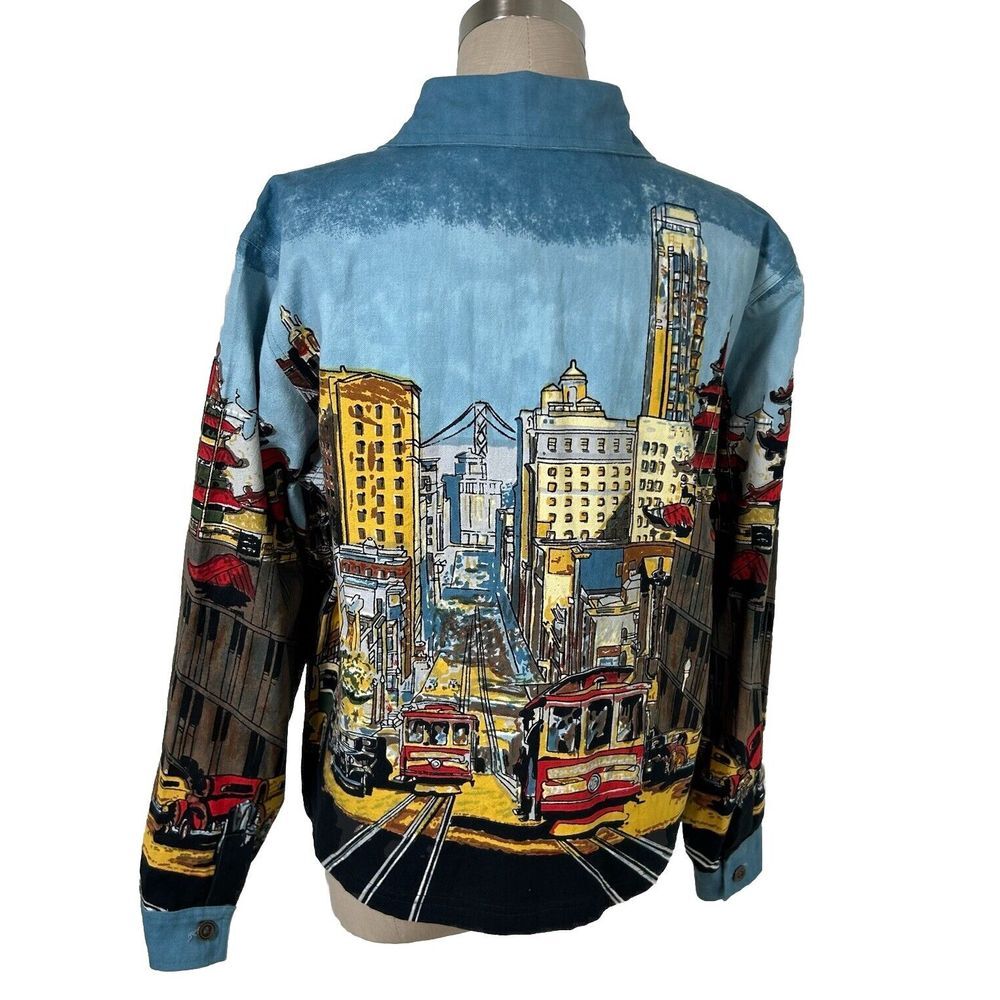 Artscapes Light‎ Denim Jean Jacket San Francisco All-Over Print Size Small EUC - Picture 2 of 11